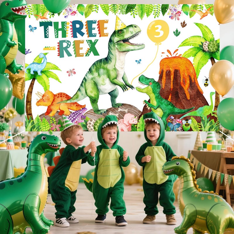 BIGKEOKI Three Rex Birthday Party Decorations Boy Dinosaur 3rd Birthday Party Banner Backdrop Jungle Leaves T-rex Dino Bday Photography Background 3 Rex Dinosaur Party Supplies Decorations (Green Dino 3rd) - Image 4